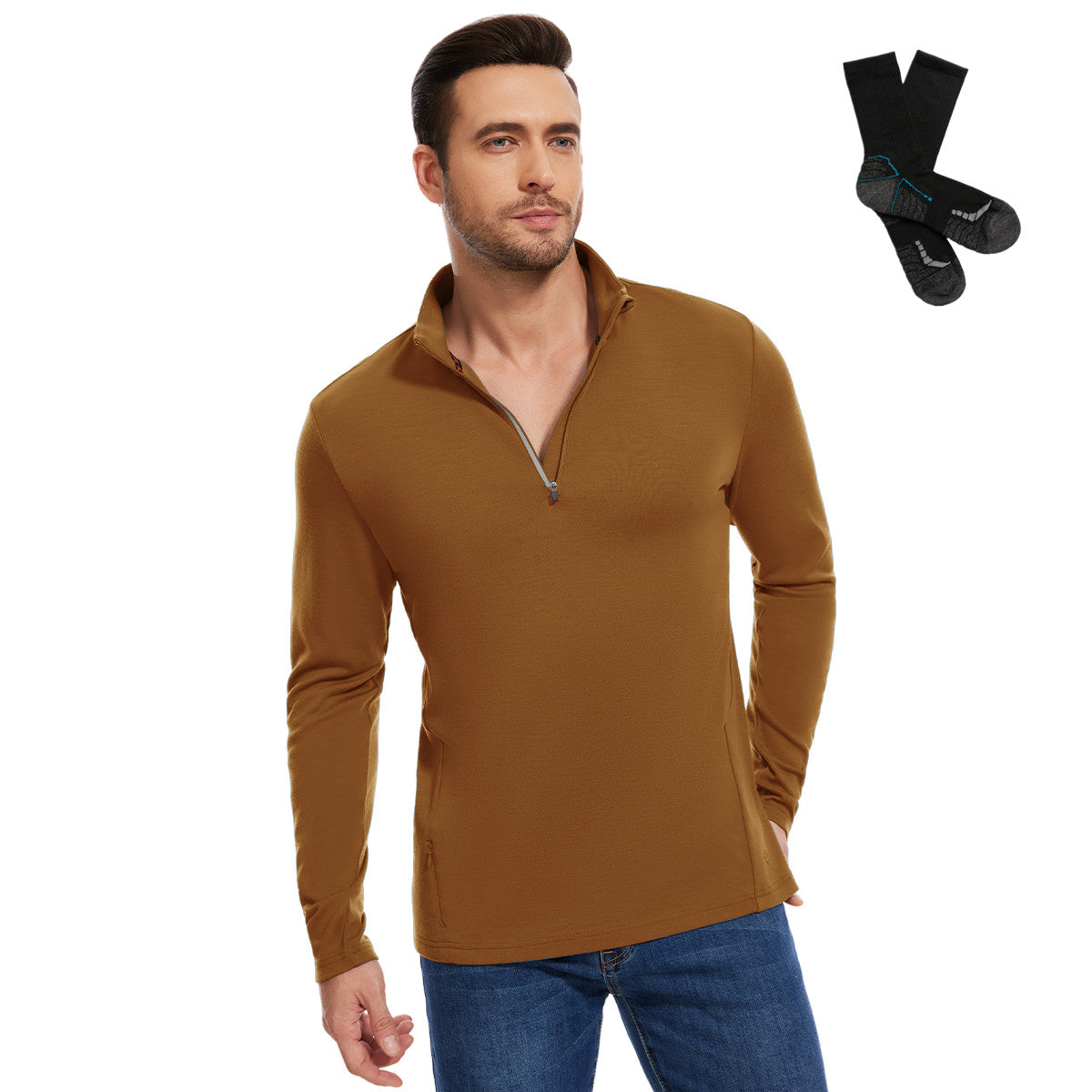 Woolcano Men's 260 Merino Wool Half Zip Top Long Sleeve Zip Shirt