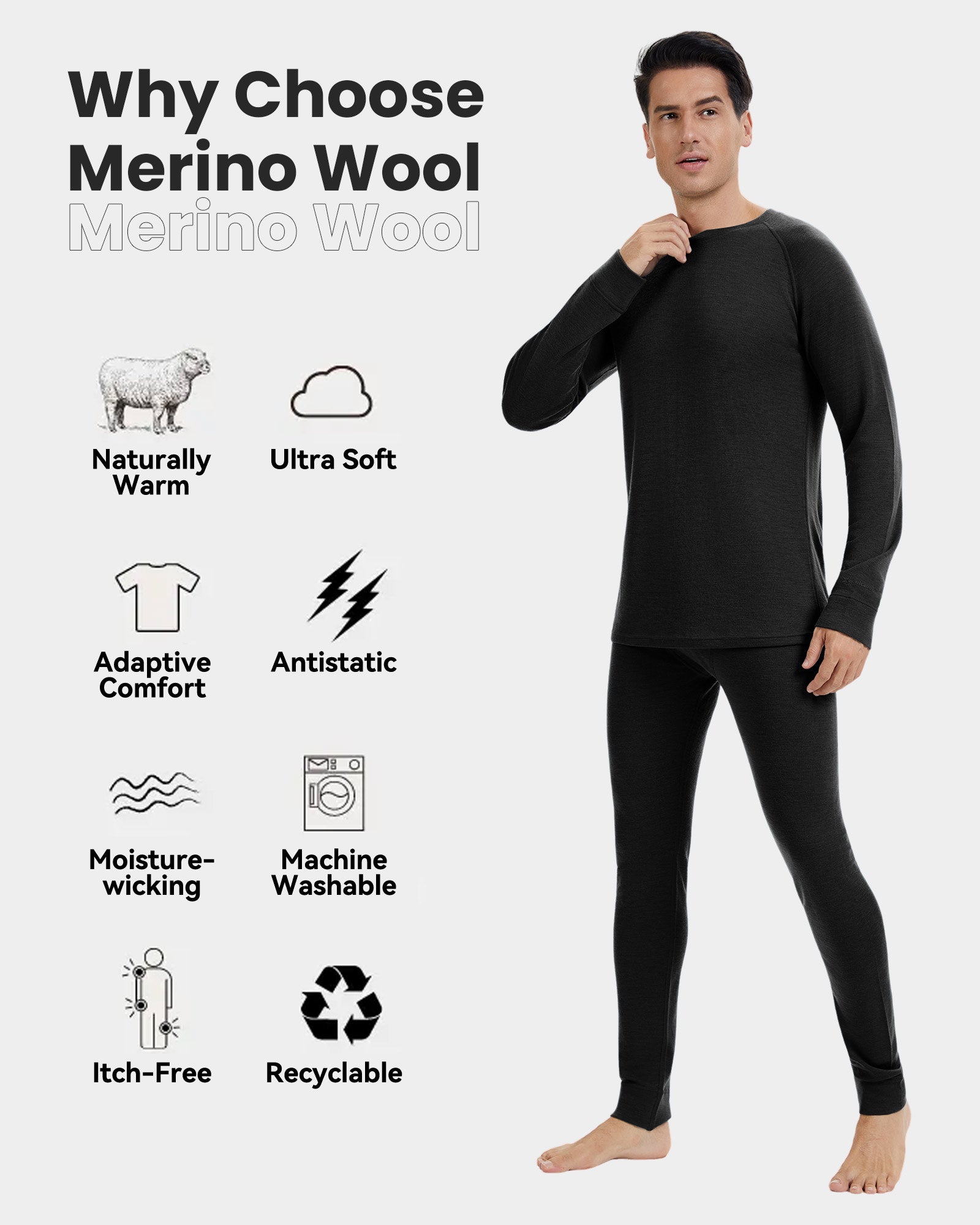 Merino Wool Best Warm Underwear WOOLCANO Men's 100 Merino Wool